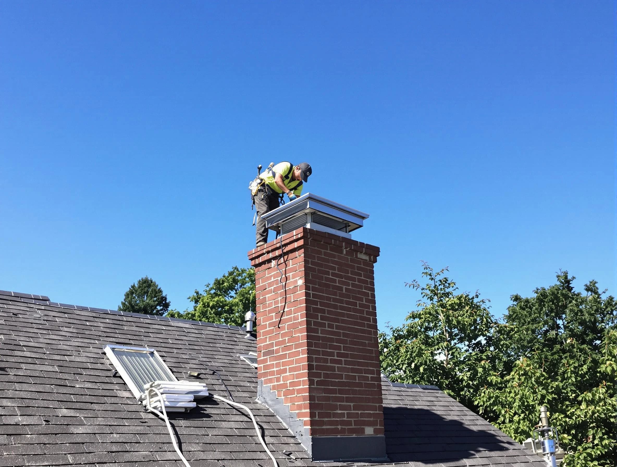 Coopertown Chimney Sweep technician measuring a chimney cap in Coopertown, TN